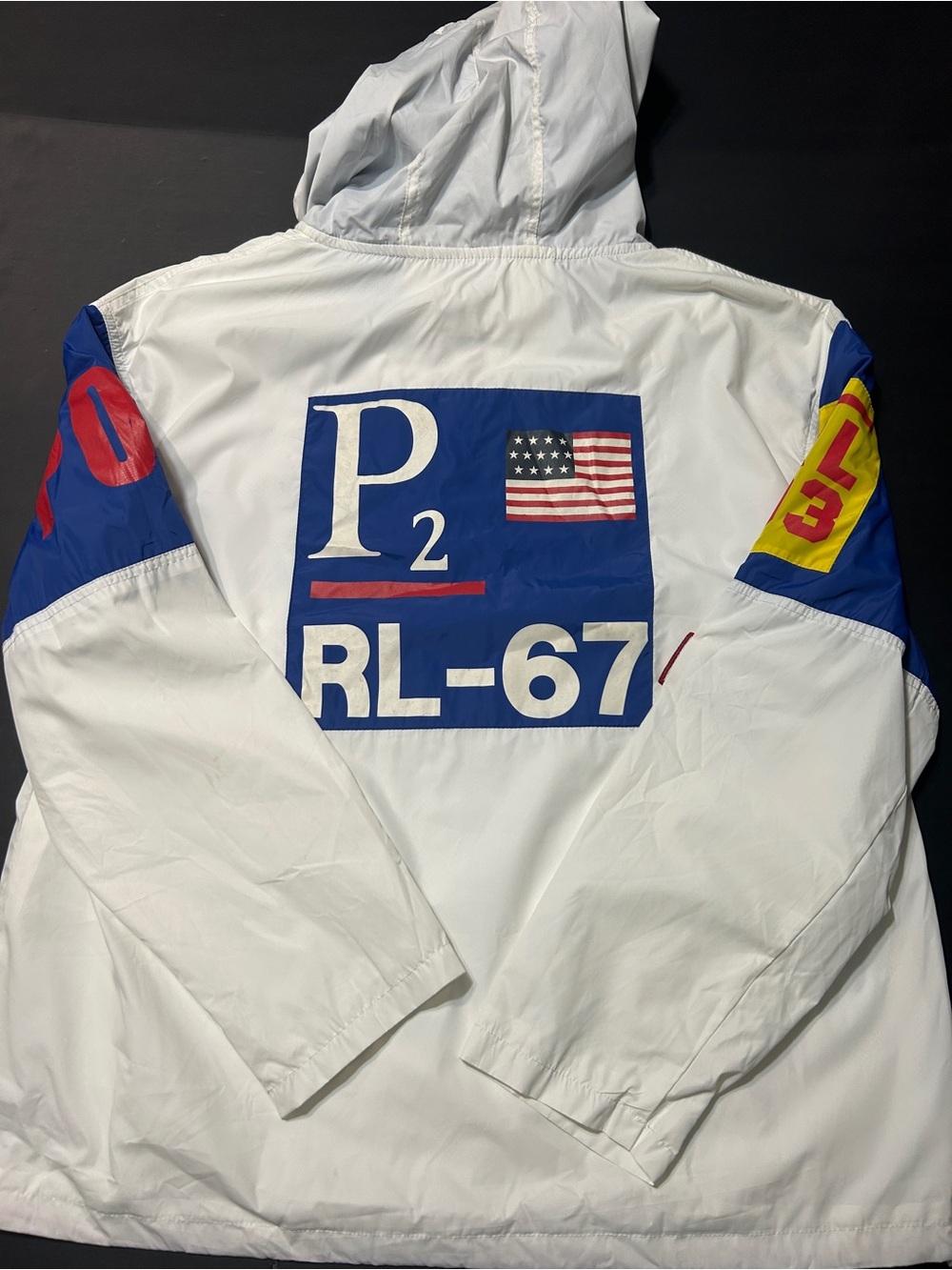 Ralph Lauren RL 67 White Windbreaker with Blue Panels and Red Trim